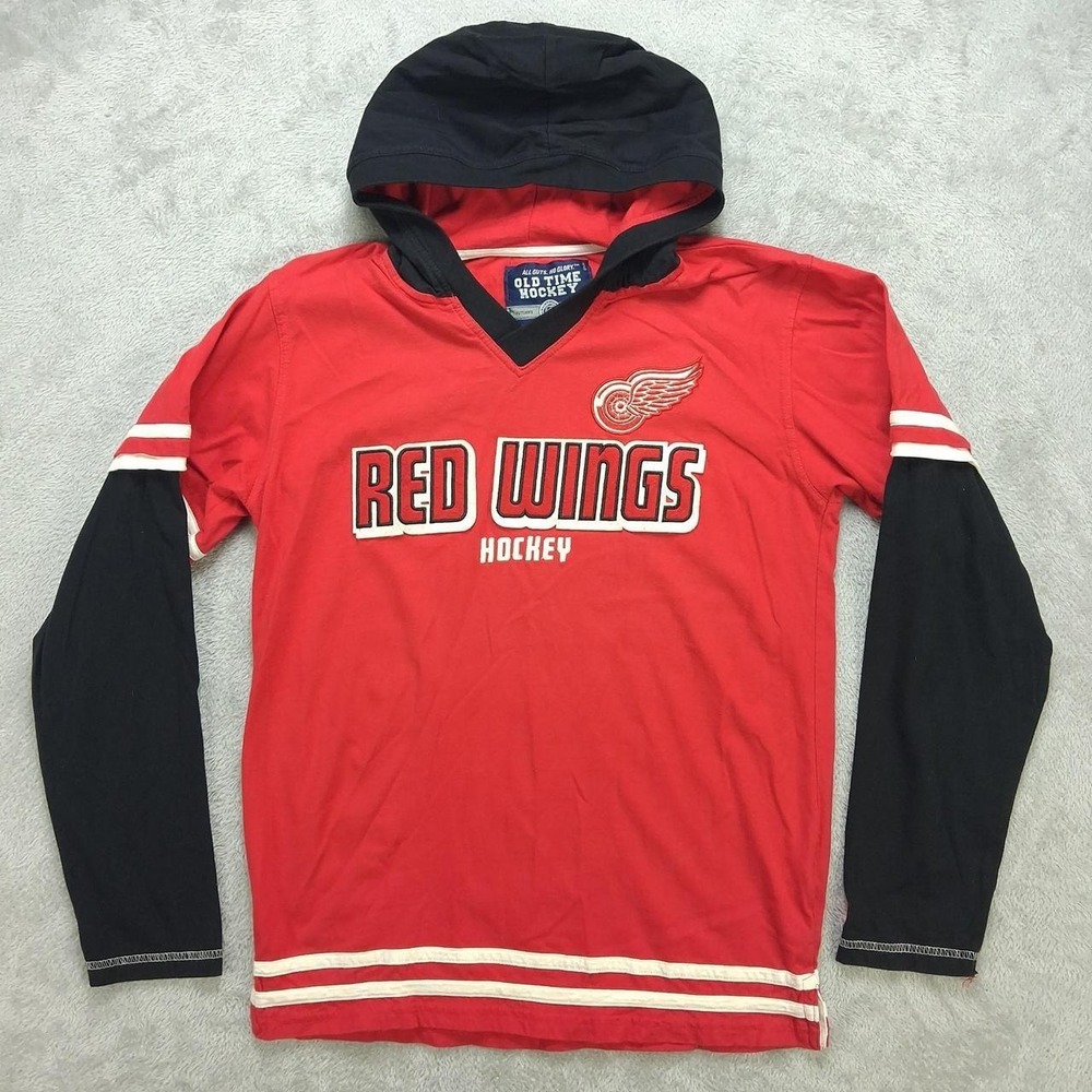 Detroit Red Wings Mens Large Old Time Hockey Hooded Shirt NHL Red Black L